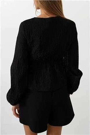 Kadın Siyah V Yaka Dantelli Bluz VS00575
