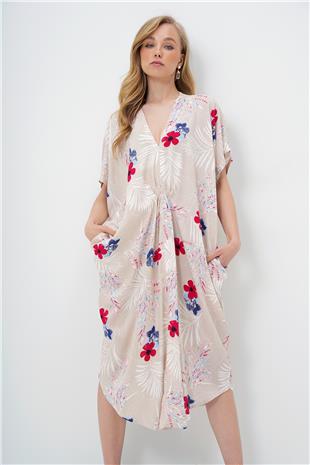 Kadın Bej V Yaka Desenli Yazlık Maxi Boy Dokuma Elbise ALC-X14087