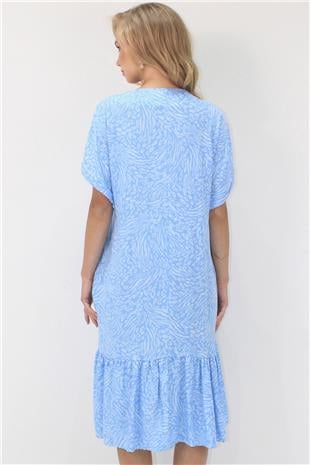 Kadın Mavi V Yaka Double Kol Desenli Rahat Kesim Çift Cepli Dokuma Viskon Elbise ALC-X14196