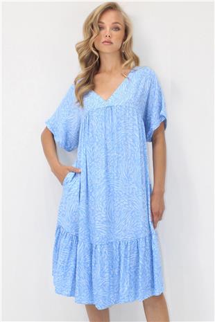 Kadın Mavi V Yaka Double Kol Desenli Rahat Kesim Çift Cepli Dokuma Viskon Elbise ALC-X14196