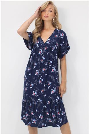 Kadın Lacivert V Yaka Double Kol Desenli Rahat Kesim Çift Cepli Dokuma Viskon Elbise ALC-X14196