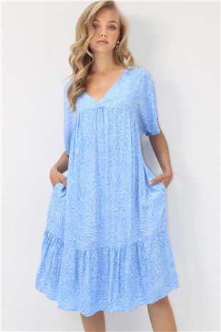 Kadın Mavi V Yaka Double Kol Desenli Rahat Kesim Çift Cepli Dokuma Viskon Elbise ALC-X14196