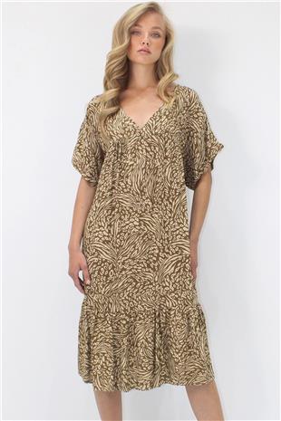 Kadın Kahverengi-Bej V Yaka Double Kol Desenli Rahat Kesim Çift Cepli Dokuma Viskon Elbise ALC-X14196