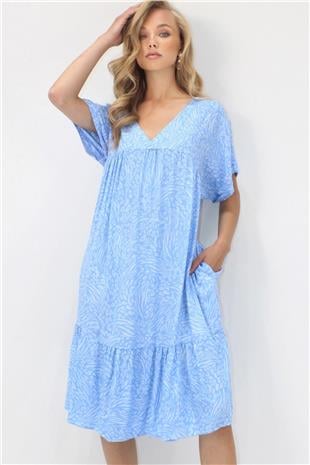 Kadın Mavi V Yaka Double Kol Desenli Rahat Kesim Çift Cepli Dokuma Viskon Elbise ALC-X14196