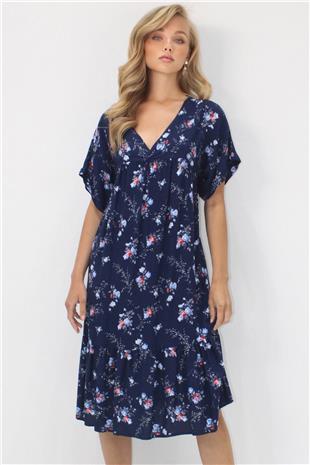 Kadın Lacivert V Yaka Double Kol Desenli Rahat Kesim Çift Cepli Dokuma Viskon Elbise ALC-X14196