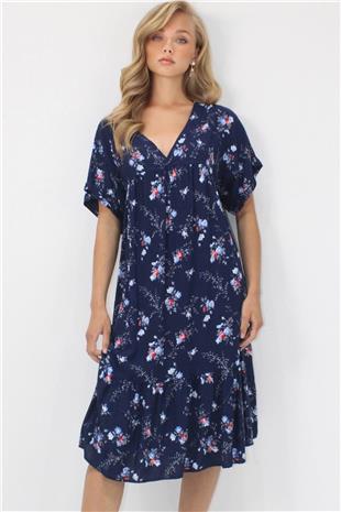 Kadın Lacivert V Yaka Double Kol Desenli Rahat Kesim Çift Cepli Dokuma Viskon Elbise ALC-X14196