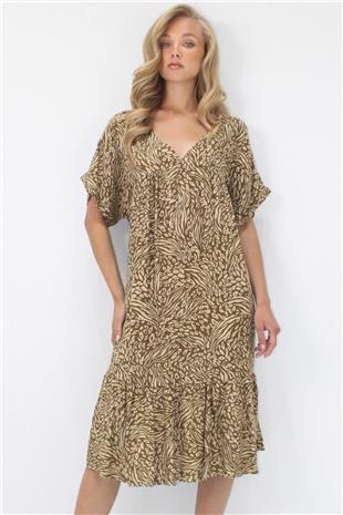 Kadın Kahverengi-Bej V Yaka Double Kol Desenli Rahat Kesim Çift Cepli Dokuma Viskon Elbise ALC-X14196