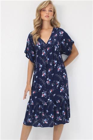 Kadın Lacivert V Yaka Double Kol Desenli Rahat Kesim Çift Cepli Dokuma Viskon Elbise ALC-X14196