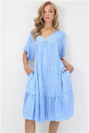 Kadın Mavi V Yaka Double Kol Desenli Rahat Kesim Çift Cepli Dokuma Viskon Elbise ALC-X14196