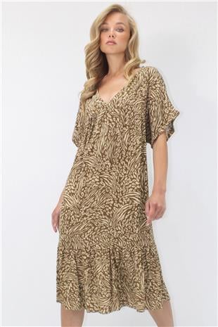 Kadın Kahverengi-Bej V Yaka Double Kol Desenli Rahat Kesim Çift Cepli Dokuma Viskon Elbise ALC-X14196