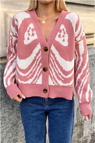 Kadın Pudra V Yaka Düğmeli Soyut Desen Kalın Örme Hırka ESQ7639