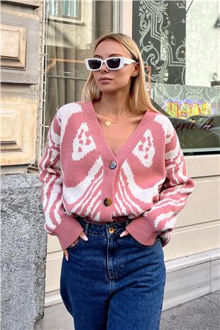 Kadın Pudra V Yaka Düğmeli Soyut Desen Kalın Örme Hırka ESQ7639