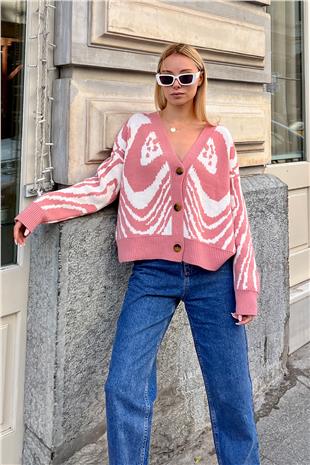 Kadın Pudra V Yaka Düğmeli Soyut Desen Kalın Örme Hırka ESQ7639