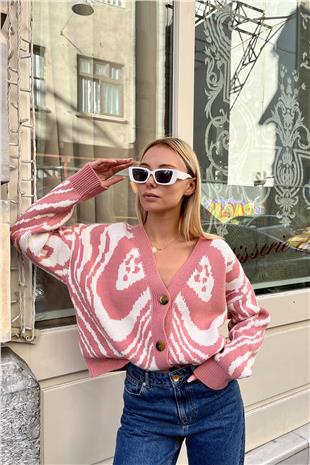 Kadın Pudra V Yaka Düğmeli Soyut Desen Kalın Örme Hırka ESQ7639