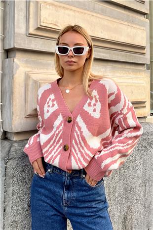 Kadın Pudra V Yaka Düğmeli Soyut Desen Kalın Örme Hırka ESQ7639