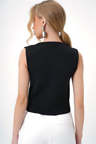 Kadın Siyah V Yaka Düğmeli Yazlık Triko Yelek ALC-X10402