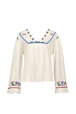 Kadın Beyaz V Yaka Fisto Ve Nakış İşlemeli Dokuma Bluz ALC-X10084