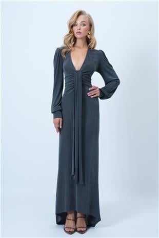 Kadın Duman Grisi V Yaka Fular Detaylı Maxi Boy Buzzy Premium Elbise ALC-X14503