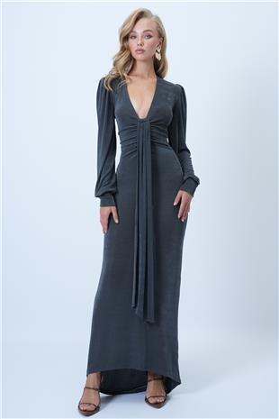 Kadın Duman Grisi V Yaka Fular Detaylı Maxi Boy Buzzy Premium Elbise ALC-X14503