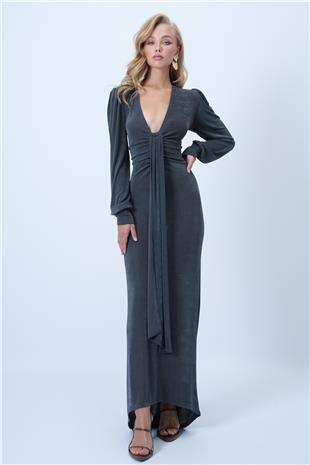 Kadın Duman Grisi V Yaka Fular Detaylı Maxi Boy Buzzy Premium Elbise ALC-X14503