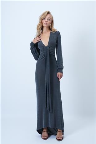 Kadın Duman Grisi V Yaka Fular Detaylı Maxi Boy Buzzy Premium Elbise ALC-X14503