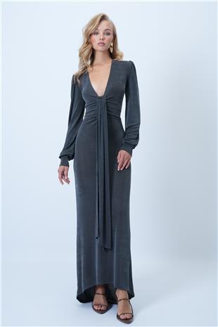 Kadın Duman Grisi V Yaka Fular Detaylı Maxi Boy Buzzy Premium Elbise ALC-X14503