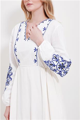 Kadın Beyaz V Yaka İçi Astarlı Keten Nakışlı Midi Boy Elbise ALC-X11569
