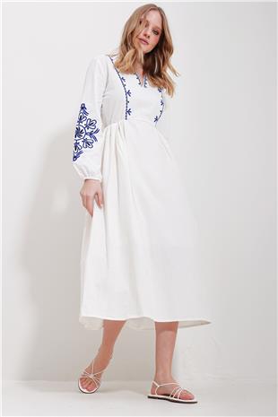 Kadın Beyaz V Yaka İçi Astarlı Keten Nakışlı Midi Boy Elbise ALC-X11569