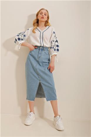 Kadın Beyaz V Yaka Karpuz Kol Nakışlı Keten Bluz ALC-X10198