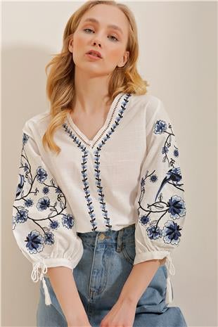 Kadın Beyaz V Yaka Karpuz Kol Nakışlı Keten Bluz ALC-X10198