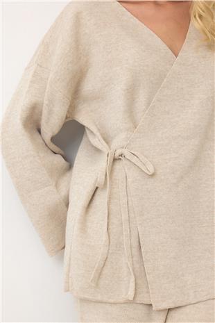Kadın Bej V Yaka Kuşaklı Bol Paça İkili Takım VS00889