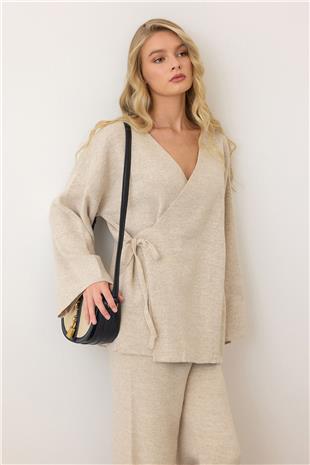 Kadın Bej V Yaka Kuşaklı Bol Paça İkili Takım VS00889