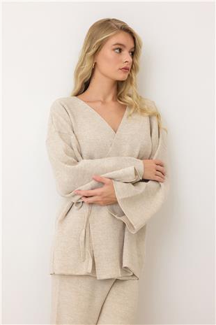 Kadın Bej V Yaka Kuşaklı Bol Paça İkili Takım VS00889