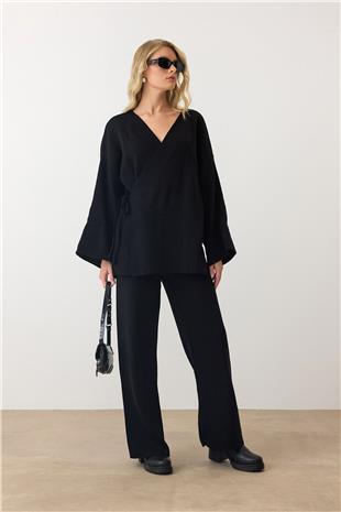 Kadın Siyah V Yaka Kuşaklı Bol Paça İkili Takım VS00889