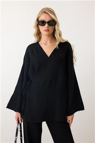 Kadın Siyah V Yaka Kuşaklı Bol Paça İkili Takım VS00889