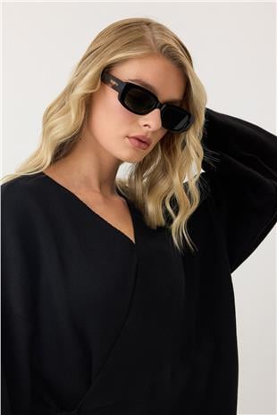 Kadın Siyah V Yaka Kuşaklı Bol Paça İkili Takım VS00889