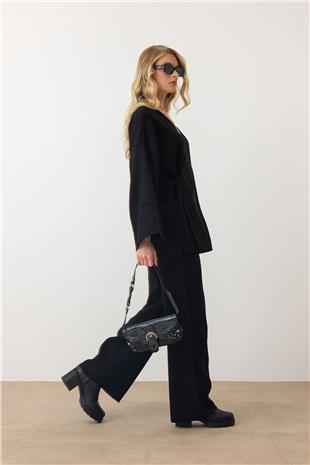 Kadın Siyah V Yaka Kuşaklı Bol Paça İkili Takım VS00889