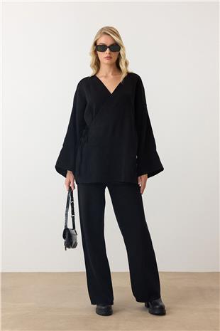Kadın Siyah V Yaka Kuşaklı Bol Paça İkili Takım VS00889