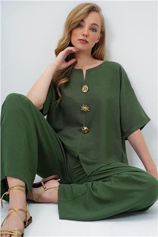 Kadın Haki V Yaka Metal Gold Düğme Detaylı Aerobin Bluz Ve Pantolon Alt Üst Takım ALC-X14122