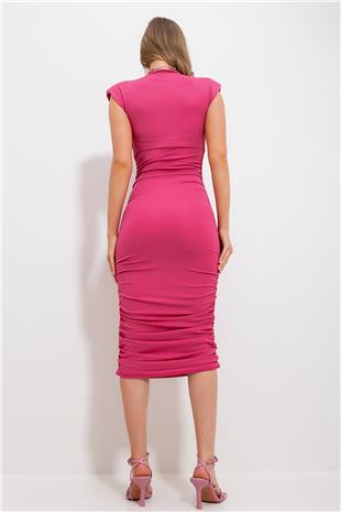 Kadın Fuşya V Yaka Omuzları Vatkalı Drapeli Elbise ALC-X11721