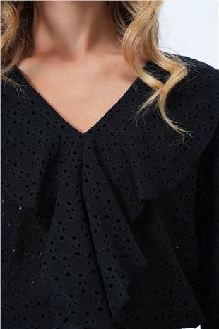 Kadın Siyah V Yaka Önü Fırfırlı Bluz ALC-X14361