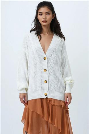 Kadın Ekru V Yaka Saç Örgü Desenli Balon Kol Triko Hırka ALC-X14438