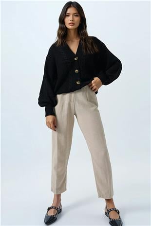 Kadın Siyah V Yaka Saç Örgü Desenli Balon Kol Triko Hırka ALC-X14438