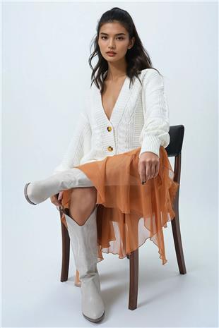 Kadın Ekru V Yaka Saç Örgü Desenli Balon Kol Triko Hırka ALC-X14438