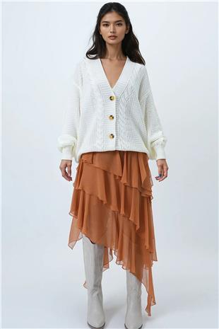 Kadın Ekru V Yaka Saç Örgü Desenli Balon Kol Triko Hırka ALC-X14438