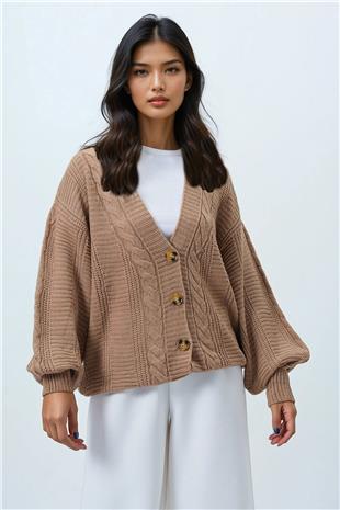 Kadın Bisküvi V Yaka Saç Örgü Desenli Balon Kol Triko Hırka ALC-X14438