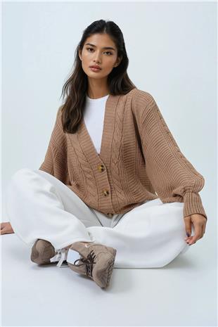 Kadın Bisküvi V Yaka Saç Örgü Desenli Balon Kol Triko Hırka ALC-X14438