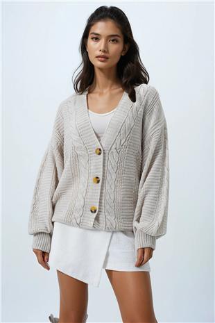 Kadın Bej V Yaka Saç Örgü Desenli Balon Kol Triko Hırka ALC-X14438