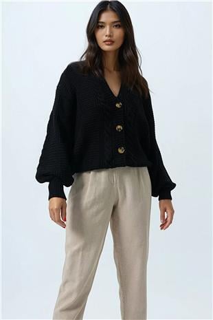 Kadın Siyah V Yaka Saç Örgü Desenli Balon Kol Triko Hırka ALC-X14438