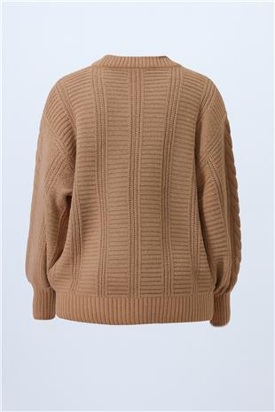 Kadın Bisküvi V Yaka Saç Örgü Desenli Balon Kol Triko Hırka ALC-X14438